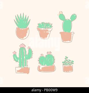 Différents types de pots de plantes grasses cactus en linéaire d'illustration vectorielle mignon jeu de croquis Illustration de Vecteur