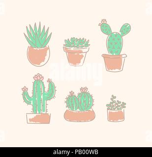 Différents types de pots de plantes grasses cactus en linéaire d'illustration vectorielle mignon jeu de croquis Illustration de Vecteur