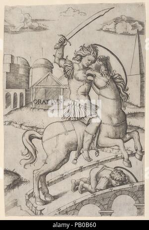 Horatius Cocles à cheval, le piétinement d'un soldat décédé. Artiste : Marcantonio Raimondi (Italien, Argini ( ?) ca. 1480-avant 1534 Bologna ( ?)). Fiche Technique : Dimensions : 6 7/8 x 4 1/2 in. (17,4 × 11,4 cm). Date : ca. 1510-27. Musée : Metropolitan Museum of Art, New York, USA. Banque D'Images