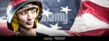 Image composite de female architect wearing helmet against white background Banque D'Images