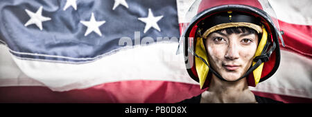 Image composite de female architect wearing helmet against white background Banque D'Images