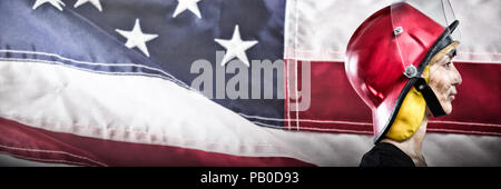 Image composite de female architect wearing helmet against white background Banque D'Images