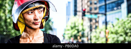 Image composite de female architect wearing helmet against white background Banque D'Images