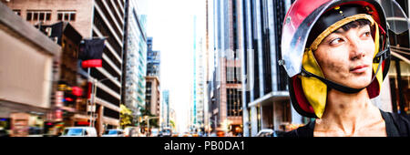 Image composite de female architect wearing helmet against white background Banque D'Images