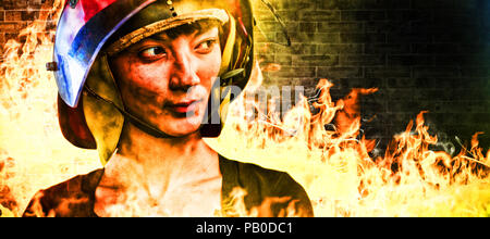 Image composite de female architect wearing helmet against white background Banque D'Images