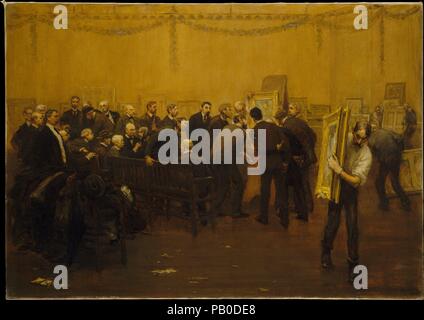 Le Jury de l'Académie nationale de 1907. Artiste : F. Luis Mora (Américain, né en Uruguay, Montevideo) 1874-1940 New York). Dimensions : 32 x 45 1/4 in. (81,3 x 114,6 cm). Date : 1907. Cette toile révèle l'intérêt du Mora en reportage et son talent de portraitiste. Chaque membre du jury peut être identifié. Par exemple, grand et mince John White Alexander--La septième figure à gauche--domine la foule. Quelques chiffres pour le droit d'Alexandre, le William Merritt Chase se trouve à lunettes avec un cigare coincé dans sa bouche. Mora a également inclus un auto-portrait : il est l'homme aux cheveux noirs avec commandes Banque D'Images