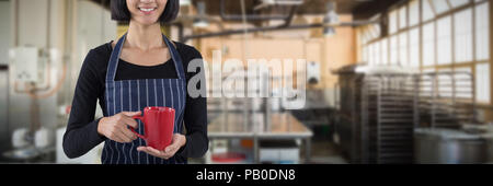 Image composite de smiling waitress holding tasse de café contre fond blanc Banque D'Images