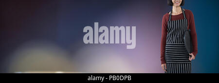 Image composite de smiling waitress holding bac vide contre fond blanc Banque D'Images