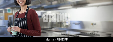 Image composite de smiling waitress holding coffee against white background Banque D'Images