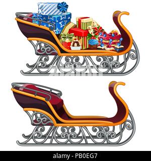 Ensemble de fer de traîneau du Père Noël, avec des cadeaux et des gâteaux de fête, isolé sur fond blanc. Cartoon Vector illustration close-up. Illustration de Vecteur