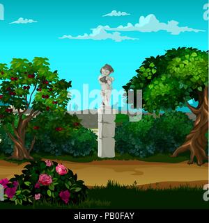 Monument en pierre sous la forme d'un ange dans le jardin. Cartoon Vector illustration close-up. Illustration de Vecteur