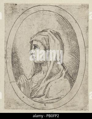 La Vierge en prière, vu de profil vers la gauche, dans un cadre ovale, du Christ, de la Vierge, et treize apôtres. Artiste : Après l'italien Guido Reni (1575-1642), Bologne Bologne ; Anonyme, 17e siècle. Fiche Technique : Dimensions : 3 3/4 x 3 1/16 in. (9,6 × 7,7 cm). Series/portefeuille : le Christ, la Vierge et treize apôtres. Date : 1600-1640. Du Christ, la Vierge et les treize Apôtres, une série de 15 bustes en cadres ovale imprimé de l'assiette, après Reni. Verso non visible que l'impression est apposée sur une autre feuille de papier. Musée : Metropolitan Museum of Art, New York, USA. Banque D'Images