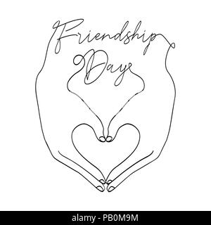 La Journée de l'amitié heureuse carte de souhaits illustration de mains d'amis Faire de forme de coeur ensemble en ligne continue avec style texte célébration citation. Spe Illustration de Vecteur