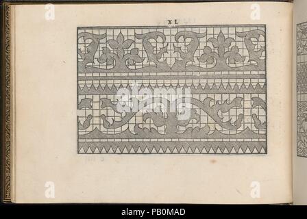 La Vera Perfettione del Disegno di varie sorti di recami, page 20 (verso). Dimensions : hors tout : 6 x 5/16 8 7/16 in. (16 x 21,5 cm). Illustrateur : gravure sur bois de Lucrèce conçu par Giuseppe Salviati (Giuseppe Porta, dit Il Salviati (Italien), Castelnuovo di Garfagnana ca. 1520-ca. Venise 1575). Editeur : Giovanni Ostaus (Italien, Venise ca active. 1554-91) , Venise. Date : 1567. Publié par Giovanni Ostaus, Venise, gravure sur bois de Lucrèce conçu par Giuseppe Salviati (Giuseppe Porta, dit Il Salviati), Italien, Castelnuova di Garfagnana ca. 1520-1575 Venise. De haut en bas, et de gauche à ri Banque D'Images