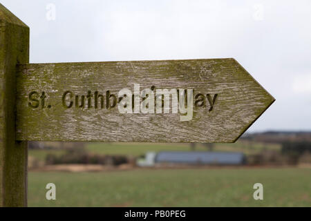 Enseigne sur St Cuthbert's Way, un sentier dans la campagne du Northumberland, Angleterre. Le sentier recoupe les Cheviot Hills. Banque D'Images