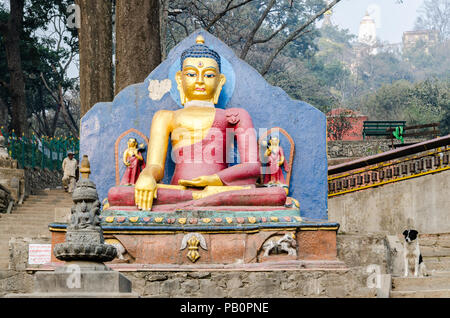 Un chien errant près d'une statue de Bouddha à l'étapes menant à Swayambhunath temple ou un singe, Katmandou, Népal Banque D'Images