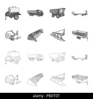 Batteuse moissonneuse-batteuse, charrue, remorque agricole et d'autres appareils. Jeu de machines agricoles dans les grandes lignes les icônes collection style monochrome,symbole vecteur Illustration de Vecteur