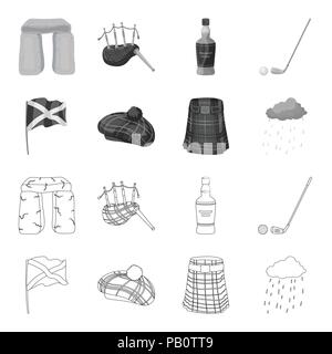 Drapeau, kilt, temps pluvieux, cap.Ecosse pays inscrit dans les grandes lignes les icônes collection style monochrome,symbole vecteur illustration de stock . Illustration de Vecteur