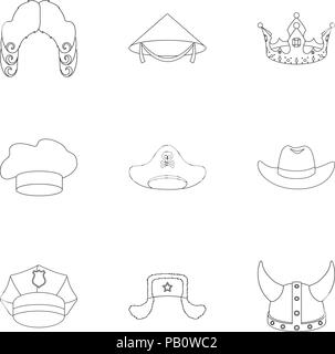 Ensemble chapeau style du contour en icônes. Grande collection de chapeaux stock symbol vector Illustration de Vecteur