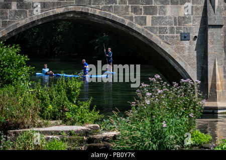 Les gens se rafraîchir dans la rivière Avon sur paddle boards à Bathampton Mill près de Bath dans le Somerset que les températures continuent de monter à travers le Royaume-Uni Banque D'Images