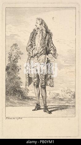 Homme debout avec la main droite bien inséré dans son gilet, illustré en vue frontale avec la tête tournée vers la gauche, de la série "Les Figures de la mode' (Figures de modes). Artiste : Antoine Watteau (Valenciennes, France 1684-1721 Nogent-sur-Marne) ; Julius (modèle allemand, Berlin 1838-1920). Fiche technique : Dimensions : 9 1/8 x 5 7/8 in. (23,1 x 15 cm) Plaque : 5 1/16 x 3 1/8 in. (12.8 x 8 cm). Portefeuille/Série : Les chiffres de la mode (Figures de modes). Date : ca. 1710. Musée : Metropolitan Museum of Art, New York, USA. Banque D'Images