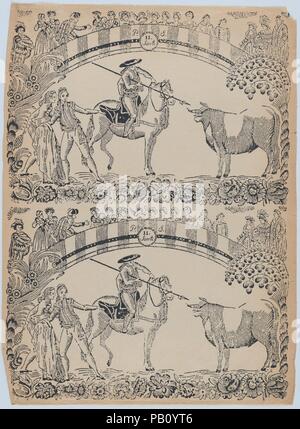 Suerte II : Editions Rustica à cheval sur le point de poignarder un taureau avec une pique ; deux toreros derrière lui à gauche (deux impressions sur la même feuille). Artiste : Anonyme, 19ème siècle espagnol ; après Antonio Carnicero (Espagnol, 1748-1814). Fiche Technique : Dimensions : 17 1/8 x 12 5/8 in. (43,5 × 32 cm). Date : ca. 1850-80. La copie d'une copie en Carnicero, série de gravures "Colección de las principales suertes de una corrida de toros' (collecte des principales actions dans une corrida) publié 1787-90. Musée : Metropolitan Museum of Art, New York, USA. Banque D'Images