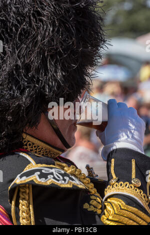 Un écossais portant un bonnet et des gants blancs avec un unifiorm boire une pinte de bière sur une chaude journée Banque D'Images