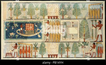 Rituel funéraire dans un jardin, tombeau de Minnakht. Artiste : Charles K. Wilkinson. Télécopieur : Dimensions : h. 71,4 cm (28 1/8 po) ; w. 122 cm (48 1/16 po) échelle 1:1 pans : h. 73,3 cm (28 7/8 po) ; w. 128,6 cm (50 5/8 po). Dynastie DYNASTIE : 18. Règne : règne de Thoutmosis III. Date : ca. 1479-1425 av. J.-C.. Ce fac-similé peinture copie un article de la peinture murale dans le tombeau de Minnakht TT (87) dans l'ouest de Thèbes. La scène représente un jardin entourant un immeuble avec une grande piscine en face d'elle. Dans le registre le plus bas, deux hommes debout devant des petites tables offrant. Chaque homme se verse une libation d'une main un Banque D'Images