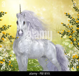 Mâle Blanc Unicorn - Des roses jaunes et de marguerites blanches entourent une belle enchanted unicorn blanc étalon. Banque D'Images