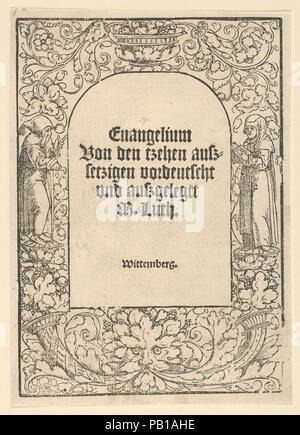 Title-Border avec un ermite et une religieuse, Vase de fruits, un masque et des cornes. Artiste : Hans Cranach (allemand, 1500-1537). Fiche Technique : Dimensions : 15/16 6 × 5 1/16 in. (17,7 × 12,8 cm). Date : 1520. Musée : Metropolitan Museum of Art, New York, USA. Banque D'Images