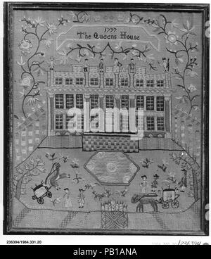 Sampler brodé. Culture : British. Dimensions : 17 1/2 x 15 in. (44,5 x 38,1 cm). Date : 1777. Cet échantillonneur britannique est un précurseur de l'American architectural des échantillons. Il dispose d'Inigo Jones's Queens House à Greenwich, en Angleterre, et d'expositions des paniers de suture à motifs complexes qui donnent à la dimension, le mur bosselé les entablements, et le portique en pierre. L'application stricte de la Chambre rendu rectiligne contraste avec les allées et venues de chaotique les chariots dans l'avant-cour. Musée : Metropolitan Museum of Art, New York, USA. Banque D'Images