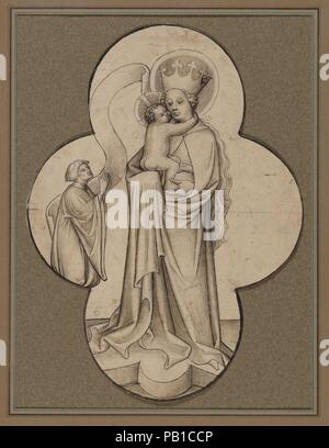 Vierge à l'enfant avec un donateur agenouillé, dans un quadrilobe. Culture : Salzbourg (Autriche). Dimensions : 10 x 7 9/16 11/16 in. (26,8 x 19,5 cm). Date : ca. 1430-35. Montré dans un quadrilobe gothique allongées, ce vierge à l'enfant est l'un des premiers exemples d'un modèle reconnu pour une petite peinture sur verre. La pose de l'enfant Christ embrassant sa mère rappelle un type particulier figure Byzantine tout à fait que l'on trouve couramment dans l'Allemagne du Sud et de l'Autriche peintures et dessins datant d'autour de 1400. Ce dessin signale une augmentation de la demande dans le 15e siècle pour les petits carreaux de Banque D'Images