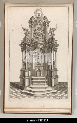 Conception d'un autel Monumental, plaque B de 'Inventierte Altäre Unterschiedliche Neu mit darzu gehörigen Profillen u. Grundrißen.'. Artiste : Johann Michael Leüchte (allemand, actif, est mort d'Augsbourg 1759). Dimensions : hors tout : 8 7/16 x 13 3/4 in. (21,5 × 35 cm). Editeur : Martin Engelbrecht (allemand, Augsburg Augsbourg 1684-1756). Date : Imprimé ca. 1750-56. Impression d'un ornement pour la conception d'un autel dans un style baroque tardif, avec une statue du Christ comme le bon berger au-dessus de la table d'autel, flanqué de statues de quatre apôtres (Jacques, Paul, Pierre et Jean). Cette impression est lié dans un album contenant 27 se Banque D'Images