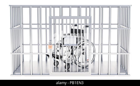 Cage, cellule de prison avec fauteuil roulant manuel, rendu 3D isolé sur fond blanc Banque D'Images