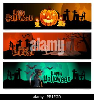 Trois cartes sur le thème de l'Halloween de cette année. Vector illustration. Illustration de Vecteur