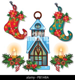 L'ensemble des attributs du nouvel an et de noël isolé sur fond blanc. Échantillon de l'affiche, l'invitation et d'autres cartes. Cartoon Vector illustration close-up. Illustration de Vecteur