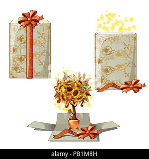 Boîte-cadeau avec un arbre décoratif. Un cadeau pour Thanksgiving day journée isolé sur fond blanc. Cartoon Vector illustration close-up. Illustration de Vecteur