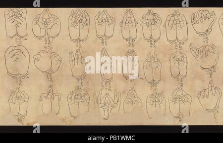 Faire défiler des mudras. Culture : le Japon. Dimensions : 11 x 97 1/2 à 3/16. (28,4 x 247,6 cm). Date : 11ème et 12ème siècle. Ce rouleau horizontal représente les gestes de la main connu sous le nom de mudras en sanskrit, la langue indienne dans laquelle de nombreux textes Bouddhistes Ésotériques précoce ont été écrits. Au Japon, les gestes sont appelés inso, le terme japonais pour un mot chinois qui combine les caractères de 'seal' et 'forme." Dans le bouddhisme ésotérique, les mudras sont physiques reconstitutions de vérités ultimes révélé par les Bouddhas et d'autres divinités. Le bouddhisme ésotérique de praticiens au Japon forme mudras pendant la méditation et les rituels et l'utilisation Banque D'Images
