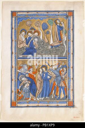 Avec l'agonie des feuilles manuscrites dans le jardin et la trahison du Christ, à partir d'un Psautier Royal. Culture : British. Dimensions : hors tout : 9 1/4 x 6 1/2 in. (23,5 x 16,5 cm) Eclairage : 7 1/2 x 5 in. (19,1 x 12,7 cm) mat Taille : 14 x 11 in. (35,5 x 27,9 cm). Date : ca. 1270. Ce manuscrit feuille était autrefois partie d'un livre des Psaumes, un compendium de la célèbre 150 poèmes bibliques de l'éloge. Ce Psautier a été faite pour un monarque anglais, probablement la reine Eléonore de Provence (ca. 1223-1291), épouse du roi Henri III. La reine légua probablement à sa nièce, Aliénor de Bretagne, qui devint plus tard abbes Banque D'Images