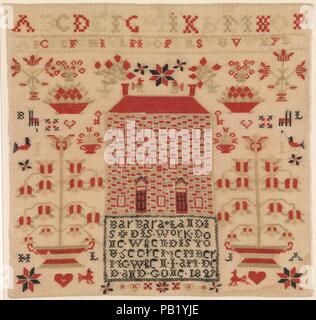 Sampler brodé. Culture : L'Américain. Dimensions : 16 1/2 x 17 in. (41,9 x 43,2 cm). Bouilloire : Barbara Landis (1816-1884). Date : 1827. Par rapport à l'Beiler Barbara sampler fait dix-sept ans plus tôt (34,100.216), l'exemple de Barbara Landis montre plus de l'influence de ses voisins anglophones. Barbara Landis était membre de la secte mennonite, et l'allemand aurait été parlé dans sa maison. Sa famille, cependant, doit avoir eu une certaine interaction avec les voisins qui ne font pas partie de leur groupe, puisque Barbara plutôt maladroitement épelé devise est l'on trouve traditionnellement sur les abécédaires réalisés par les filles qui li Banque D'Images