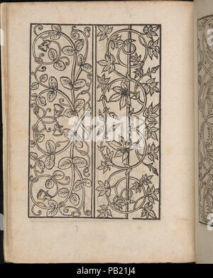 Ein nouveau Modelbuch..., page 9 (verso). Dimensions : 7 3/8 x 5 5/16 in. (18,5 x 13,6 cm). Editeur : Johann Schönsperger le jeune (1510-30) allemand, actif. Date : Octobre 22, 1524. Publié par Johann sch ?nsperger le Jeune, Zwickau. De haut en bas, et de gauche à droite : Design composé de 2 colonnes verticales. Colonne de gauche est décoré de branches de torsion de feuilles et de fleurs qui forment une forme de cœur dans le centre. Colonne de droite est décorée dans le centre avec la direction générale de la droite à partir de laquelle l'enroulement des feuilles de vigne et des fleurs de l'expansion. Musée : Metropolitan Museum of Art, New York, USA. Banque D'Images