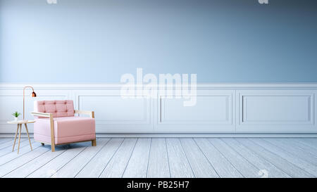 Design intérieur minimaliste,fauteuil rose clair avec de l'or sur la lampe avec cadre blanc mur bleu et blanc en bois , 3D render Banque D'Images