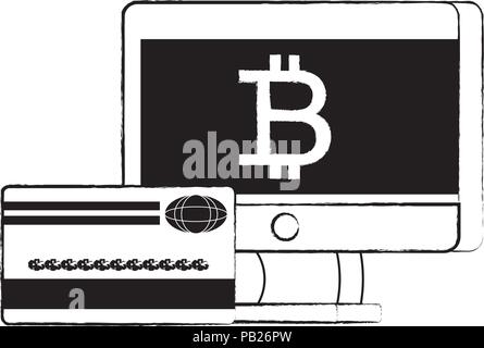 Ordinateur avec symbole bitcoin et une carte de crédit sur fond blanc, vector illustration Illustration de Vecteur