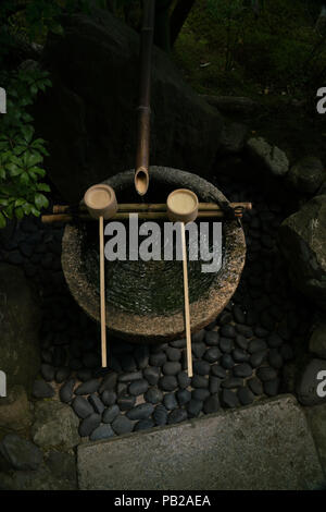 Tsukubai (蹲踞) ou d'un lavabo à l'entrée d'Soihoji Kokedera, moss garden à Kyoto. Les visiteurs se purifier avant d'entrer dans l'eau. Banque D'Images