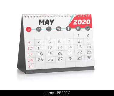 Calendrier de Bureau 2020 Blanc mai isolated on White Banque D'Images