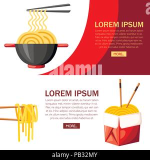 Boîte rouge avec des nouilles ramen. La cuisine asiatique. Bol noir avec poignée rouge. Sortir de la restauration rapide. Télévision vector illustration sur fond texturé. Concept desig Illustration de Vecteur