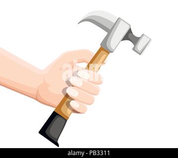 Tenir la main d'un marteau. Marteau de charpentier en télévision style. Instrument classique. Poignée en bois. L'outil de construction. Télévision vector illustration isolated on white ba Illustration de Vecteur