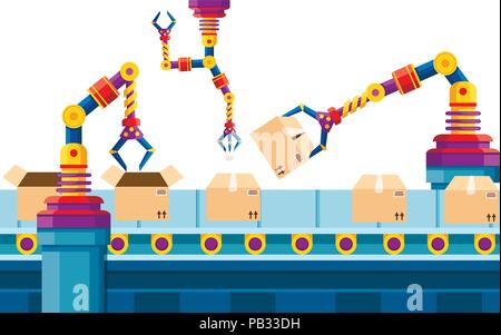 L'automatisation industrielle. Bras robotique technologie à ligne d'assemblage. Bras robot automatisé. Courroie de convoyeur robotisé pour l'emballage de produits en boîte carton Illustration de Vecteur