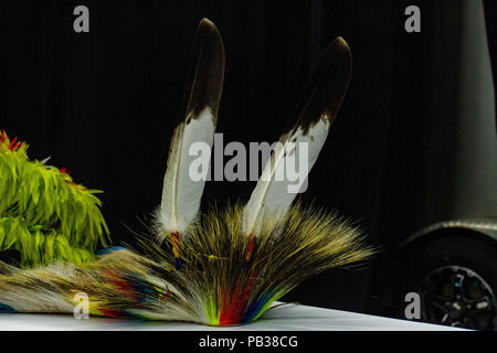 22 juillet 2018 - Edmonton, Alberta, Canada - Un chef traditionnel de l'habillement est observé au cours des 2018 K-Days Pow Wow, qui marquera les costumes et la musique du Traité des Six Nations de la région de l'Alberta. Costumes, musique et danses sont jugés par les chefs de tribu dans chaque catégorie. Le jugement se poursuit pendant 3 jours. (Crédit Image : © Ron Palmer/SOPA des images à l'aide de Zuma sur le fil) Banque D'Images