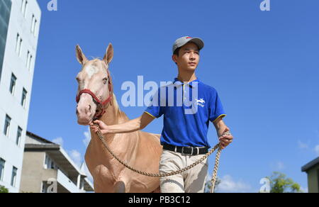 (180726) -- NANCHANG, le 26 juillet 2018 (Xinhua) -- Huang Wanpeng, un étudiant de Soleil Riding School, va pour une promenade à pied avec un cheval dans le Xian de de Fuzhou, Chine de l'est la province de Jiangxi, du 25 juillet 2018. Rennes n'a jamais été entendu dans le Xian de, un comté agricole dans l'est de la Chine, la province de Jiangxi, jusqu'à l'École d'équitation du Soleil ont commencé à recruter des adolescents en milieu rural en 2015. Jusqu'à présent, la plupart des 90 élèves travaillent ou qui aspirent à travailler dans l'équitation clubs dans la plus grande des villes comme Beijing, Shanghai et Hangzhou. (Xinhua/Zhou Mi) (LMM) Banque D'Images